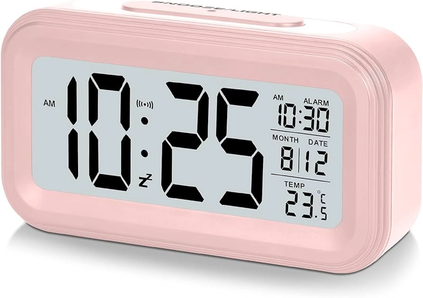 U-picks Alarm Clock 4.3" LED Display, Digital Alarm Clock with battery powered, Snooze, Easy to Use,Temperature Calendar, 12/24 Hr, Light control Portable Alarm clocks bedside for adults kids-Pink