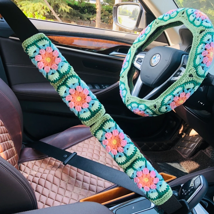 Steering Wheel Cover for Women, Green Galsang Flower Vantage Flower Crochet Cute Seat Belt Cover, Car Accessories Decorations - Etsy Canada