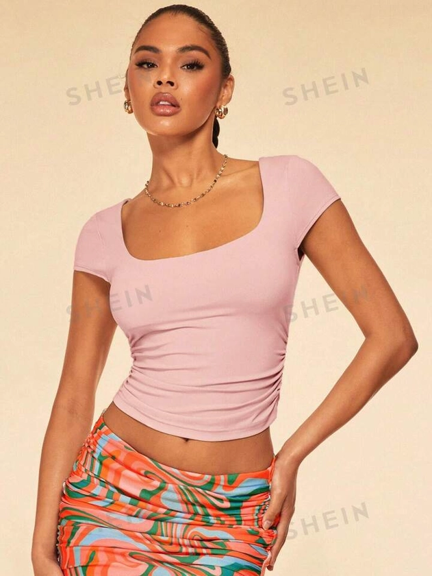 SHEIN BAE Scoop Neck Ruched Side Crop Tee