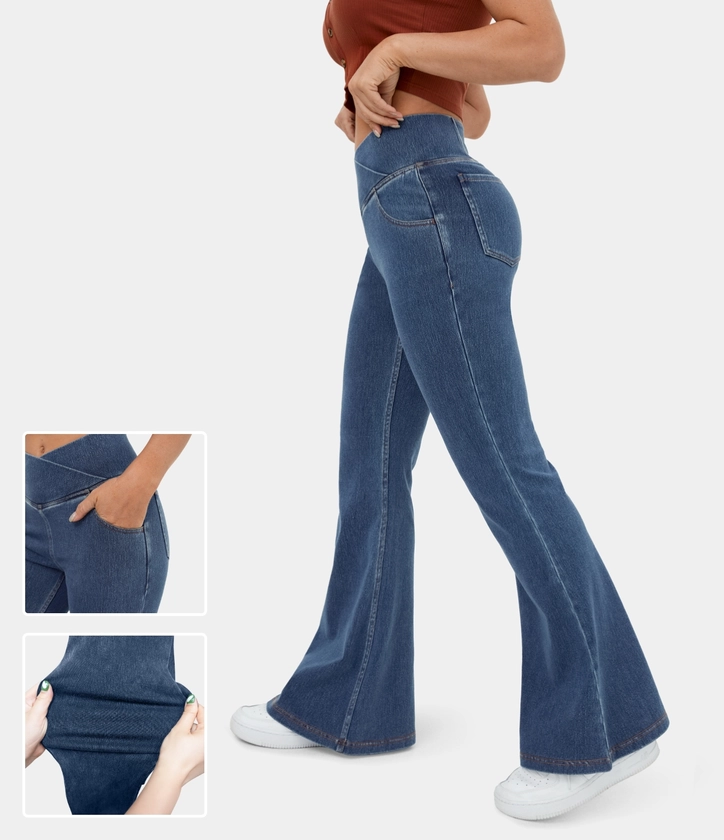 Women’s HalaraMagic™ High Waisted Crossover Pocket Washed Stretchy Knit Casual Super Flare Jeans - Halara 