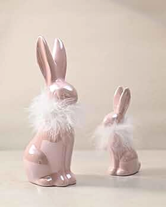 Easter 2PCS Bunny Figurine Decor Pink and White Ceramic Rabbit Statues with Fluff on Neck Plush Easter Porcelain Decoration for Home Tabletop Farmhouse Wedding Spring Gifts