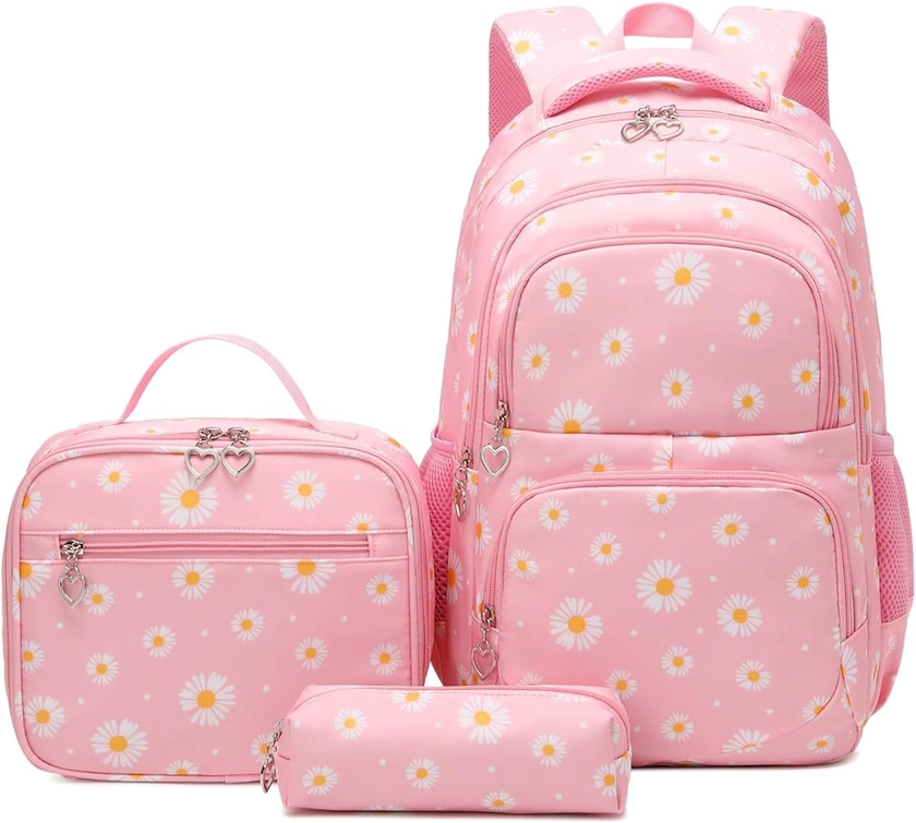 Daisy Printed Backpacks for Teen Girls with Lunch Bag Pencil Case 3pcs Sets Kids Backpack Middle-School Elementary