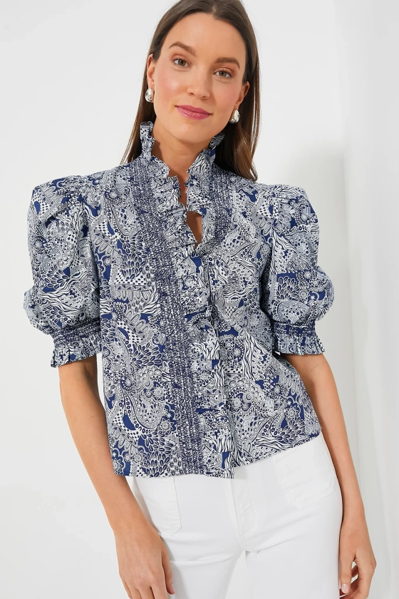 Navy Geo Floral Ruffle Neck Aria Blouse | English Factory