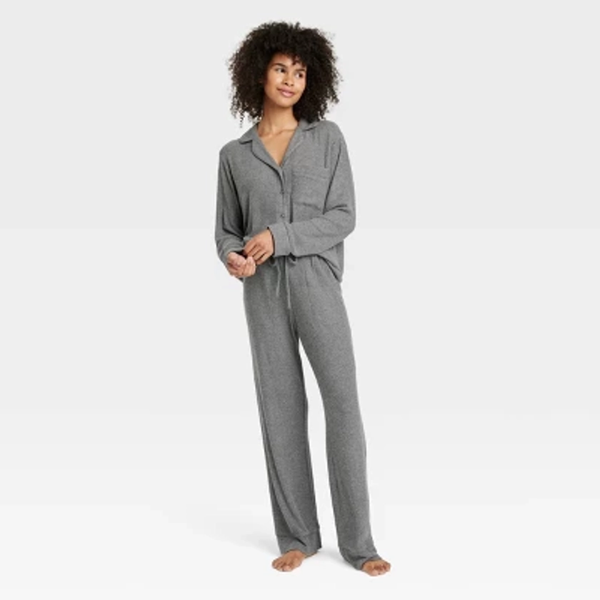 Women's Cozy Ribbed Long Sleeve Notch Collar Shirt and Pants Pajama Set - Auden™ Dark Gray S