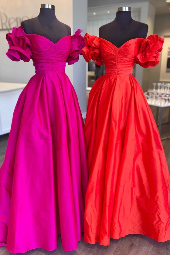 Off the Shoulder Hot Pink Pleated Long Formal Dress