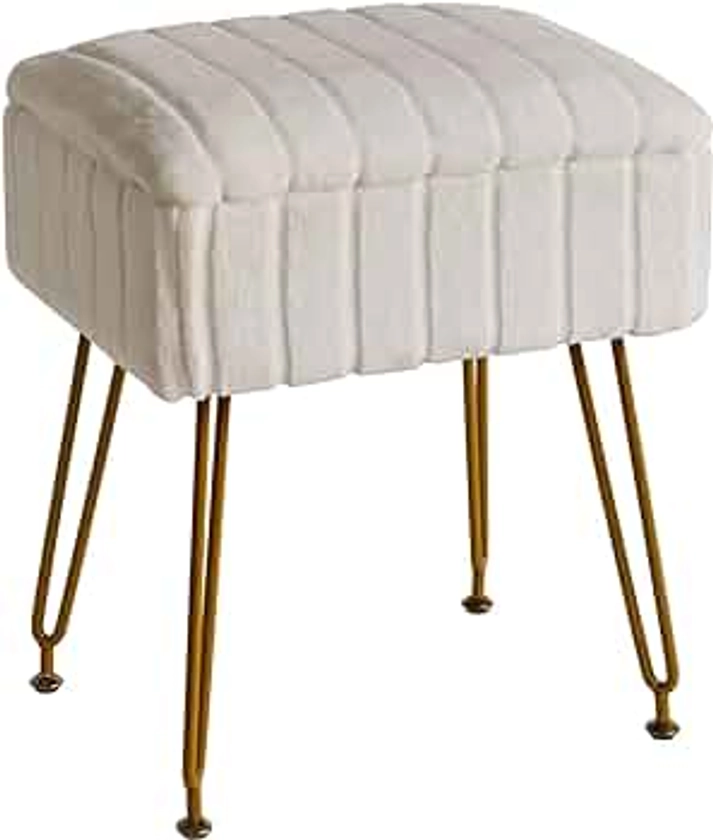 IBUYKE Stool Chair with Storage Space, Footrest Footstool Ottoman, Small Side Table, with 4 Metal Legs, with Anti-Slip Feet, for Makeup Room, Bedroom, Faux Fur, White L/G-50W