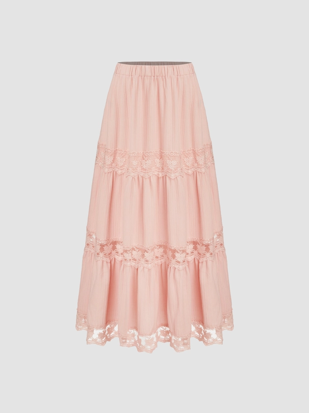 Woven Mid Rise Lace Ruffle Tiered Maxi Skirt - Cider