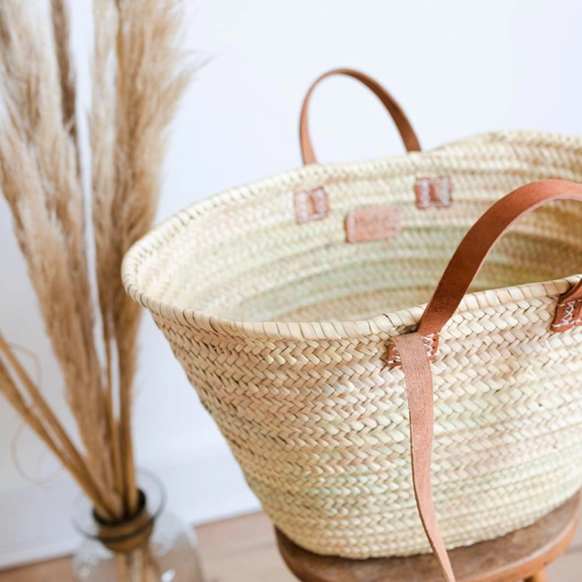 Sasha Large French Basket with Double Leather Handles Tan – Le...
