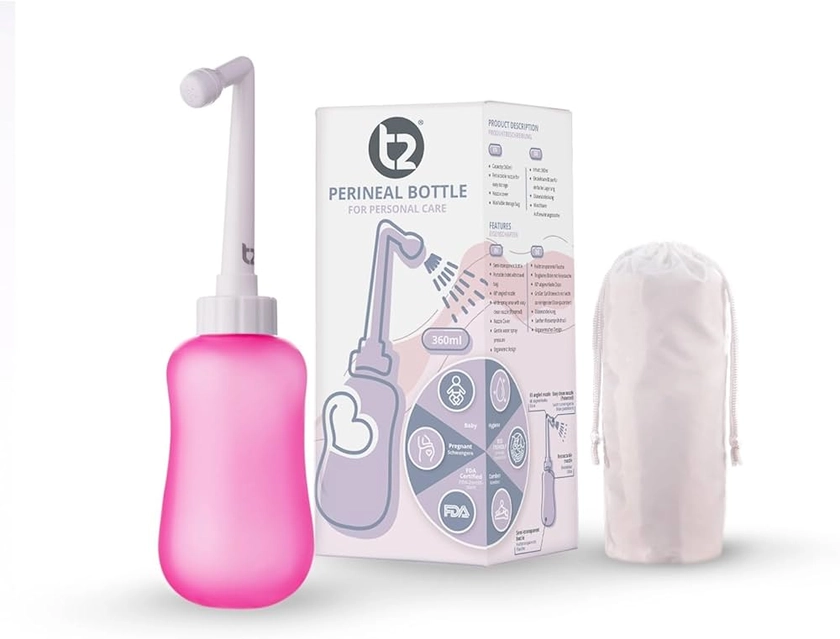 T2 Bouteille Périnéale - Bidet Portable Post-partum, Soulage Douleurs Périnée - Bouteille Compressible 360ml, Embout Coudé 60°, Sac Rangement Lavable - Trousse Maternité, Cadeaux pour Maman