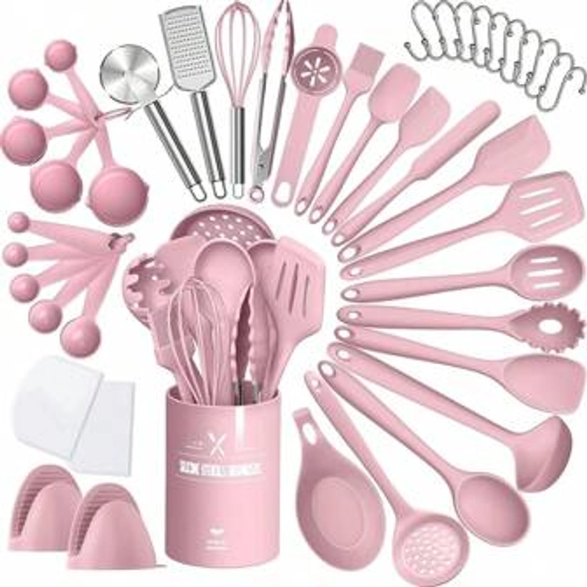 Silicone Cooking Kitchen Utensil Set, AIKKIL 43 Pcs Pink Cooking Utensils Set, Turner, Tongs, Spoon, Spatula, Kitchen Gadgets Tools Set For Nonstick Cookware, Heat Resistant