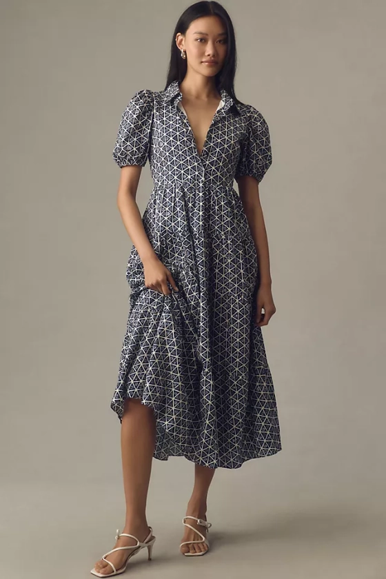 English Factory Puff-Sleeve Tiered Midi Shirt Dress | Anthropologie