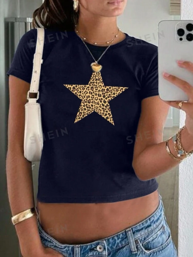 SHEIN EZwear Leopard Print & Pentagram Pattern Round Neck Short Sleeve T-Shirt