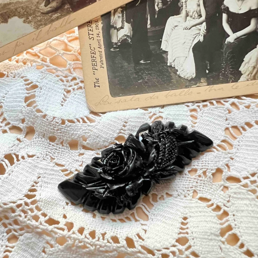 Victorian Mourning Carved Flower Brooch Whitby Jet Inspired ,bakelite INSPIRED in Fakelite, Resin Gothic Jewelry by Mrs Polly's Lucite - Etsy