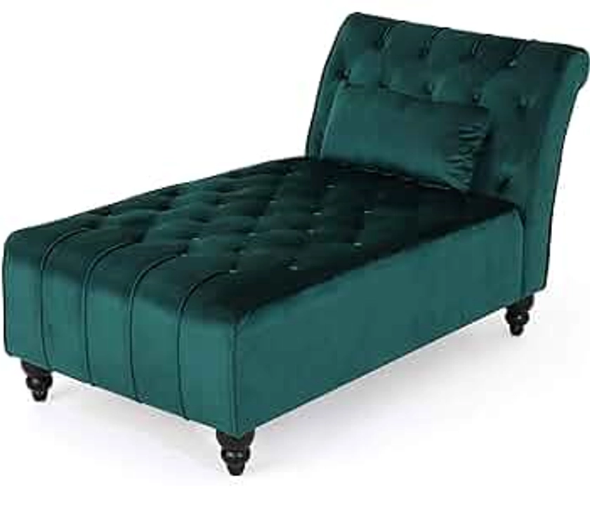 Christopher Knight Home Rafaela Modern Glam Tufted Velvet Chaise Lounge with Scrolled Backrest, Dark Teal and Dark Brown 54.5D x 28.5W x 30.25H in