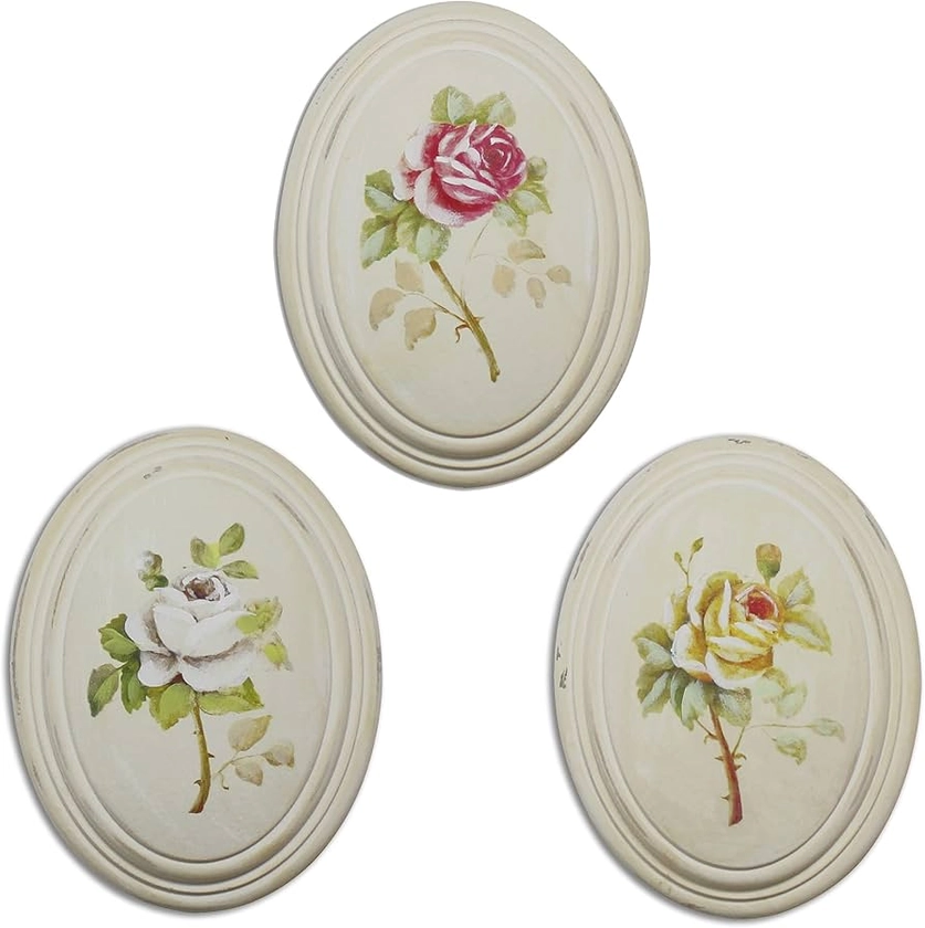 Amazon.com - CVHOMEDECO. Primitive Retro Hand Painted Oval Wooden Frame Wall Hanging 3D Painting Decoration Art, Rose Flower Design, 6-3/4 x 8-3/4 Inch, Set of 3.