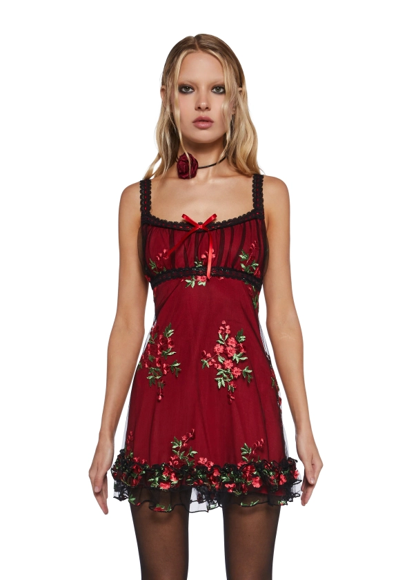 Mesh Overlay Tank Dress With Embroidered Floral Designs Regencycore Sugar Thrillz- Red