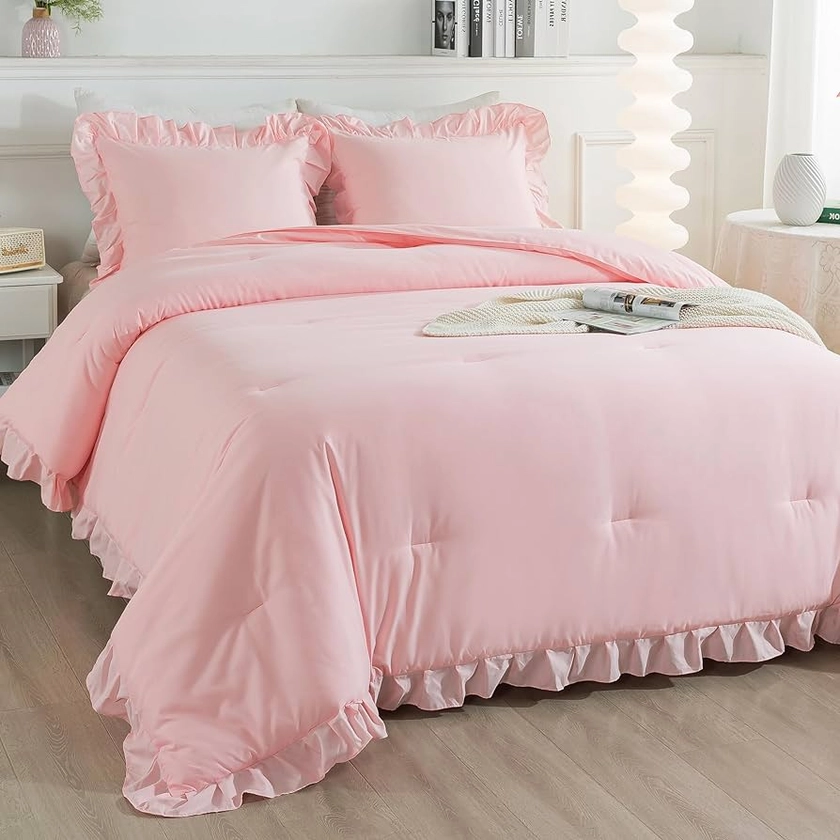 Andency Pink Ruffle Comforter Set Twin, 2 Pieces Kids Comforter Set Twin(66x90Inch), Lightweight Soft Girls Shabby Chic Bedding Comforter Set All Season Bed Set