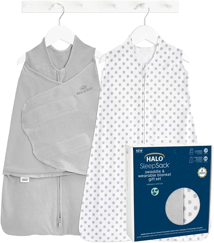 HALO Sleepsack Swaddle 3-6 Months and Wearable Blanket 6-12 Months 100% Organic Cotton 2-Piece Gift Set with Box, TOG 1.5, Cloud