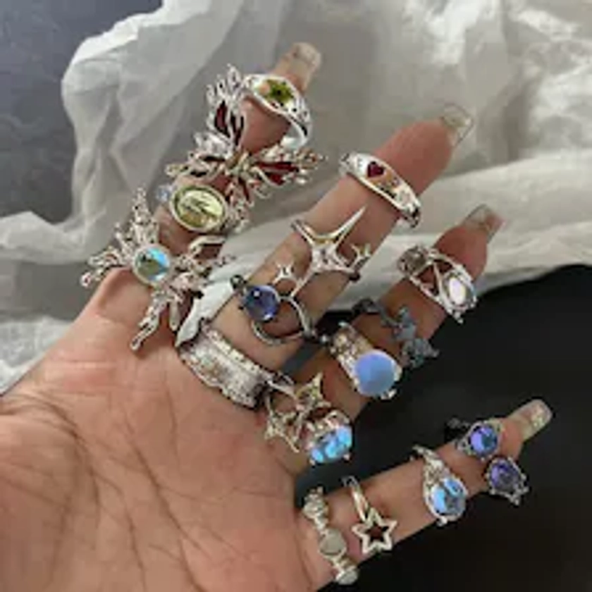 Bagues en cristal Y2k Kpop, anneau réglable en forme de cœur, géométrie irrégulière, Punk Vintage, pour femmes et filles