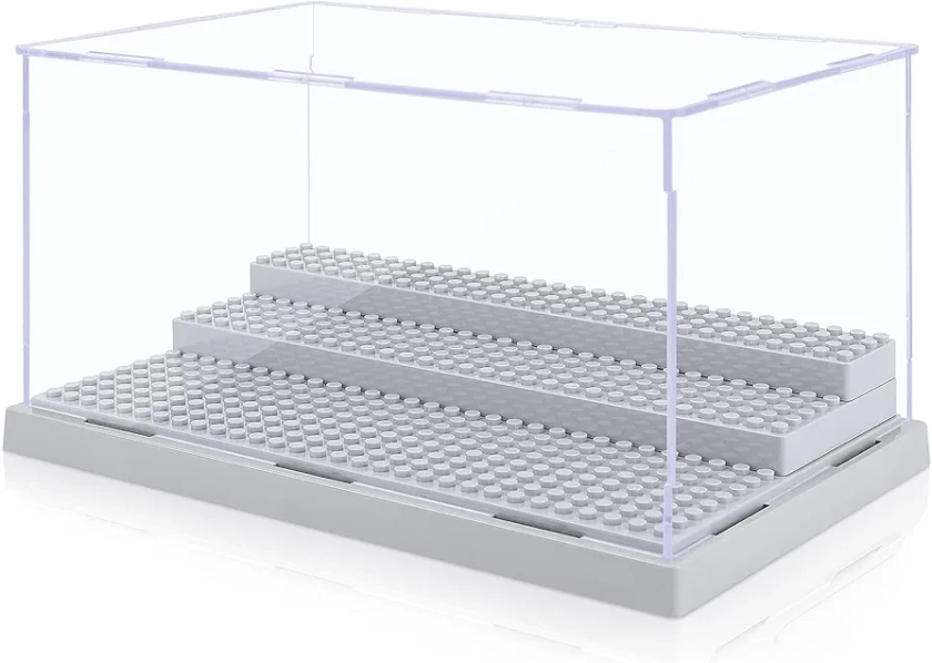 Mlikero Minifigure Display Case for Action Figures Blocks, Clear Dustproof Display Storage Box with 3 Movable Steps Gifts for Children Minifigures Collectors(Grey)