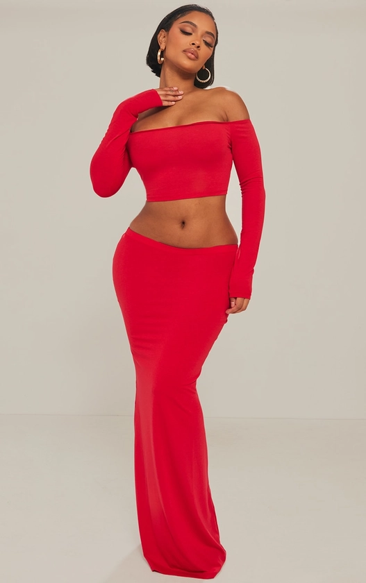 Shape Red Contour Jersey Low Rise Maxi Skirt