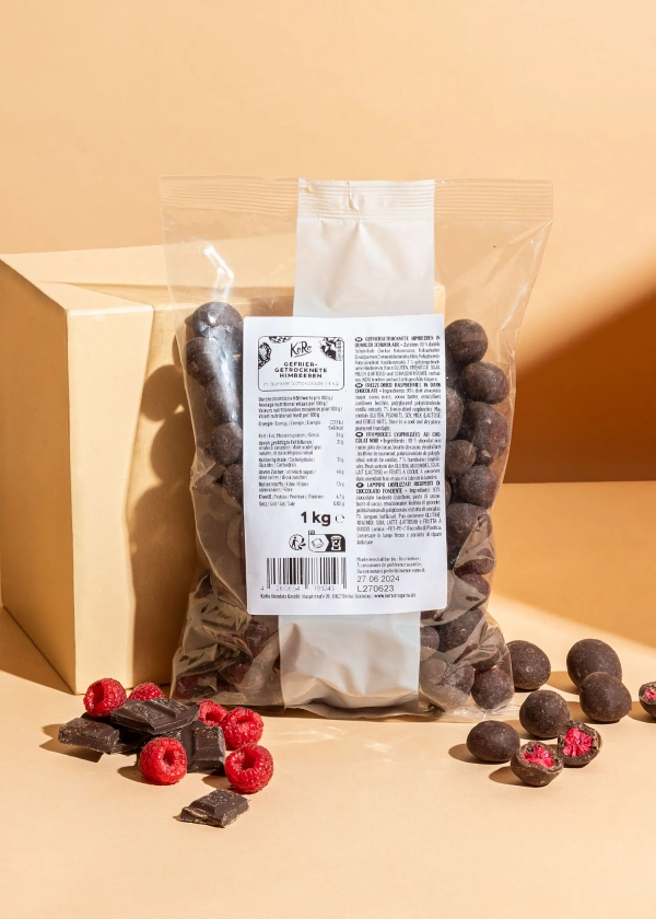 Framboises lyophilisées enrobées de chocolat noir 1 kg - Vegan - Snack | KoRo France