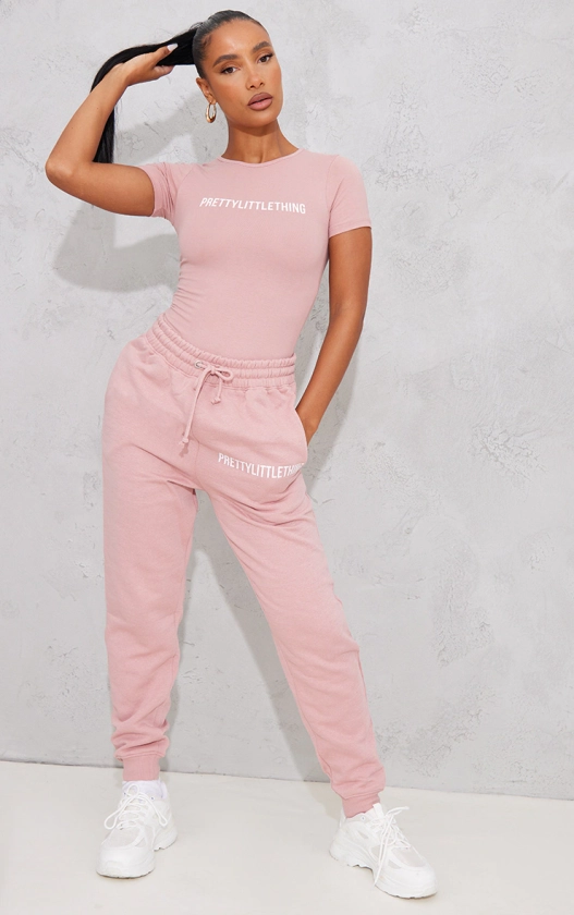 PRETTYLITTLETHING Logo Light Pink High Waisted Cuffed Joggers