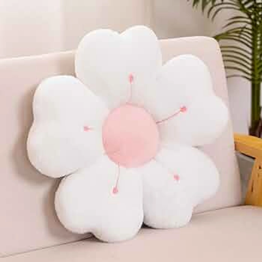 Flower Shaped Pillow, Cute Decorative Throw Pillow with Soft Artificial Rabbit Fur for Couch Bed Chair Floor, Flower Pillows Seating Cushions Room Décor for Bedroom Living Room (13.7", White)