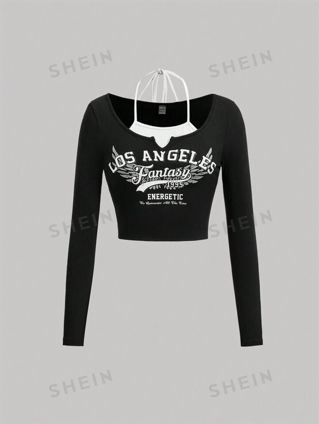 SHEIN MOD Women's Wing & Letter Print Color Block Halter Neck T-Shirt