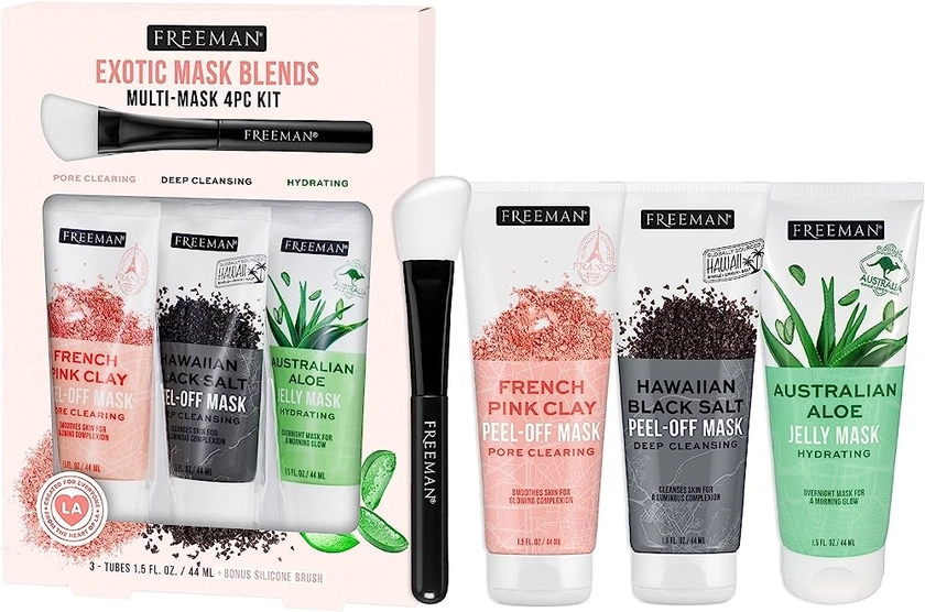 Freeman Exotic Blends Facial Mask 4 Piece Set, Peel-Off & Jelly Masks, Cleansing, Pore-Clearing & Hydrating Facial Masks, For All Skin Types, Includes Silicone Mask Brush, Vegan & Cruelty-Free