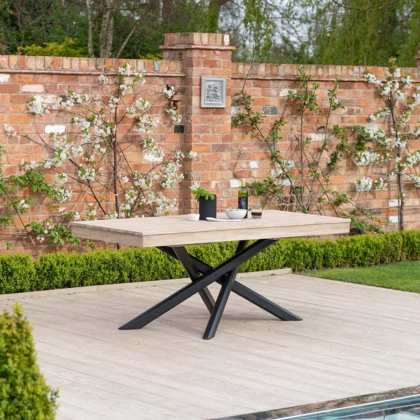 Amelia Outdoor Dining Table in Whitewash Acacia Wood with Black Metal Legs