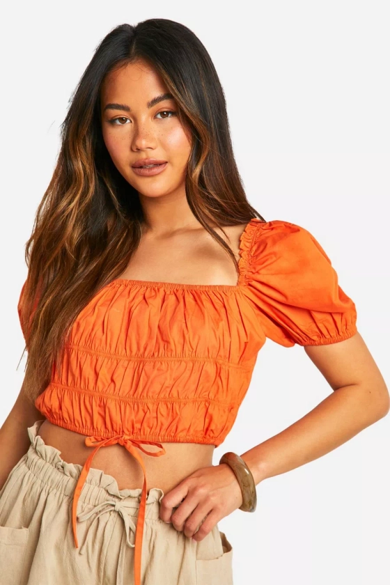 Cotton Poplin Puff Sleeve Tie Detail Crop Top