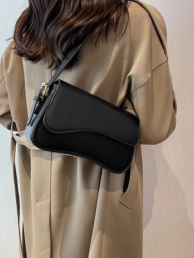 Minimalist Flap Square Bag Simple Solid Color Flap Underarm Bag, PU Leather Textured Bag Purse, Fashion Versatile Bag