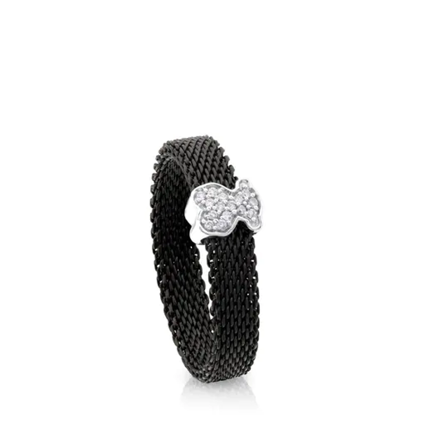 Black IP Steel and White gold Ring with Diamonds 0,04ct TOUS Icon Mesh