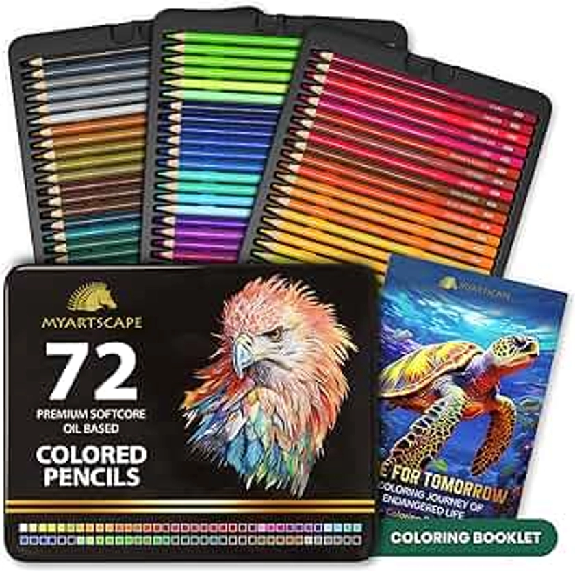 MyArtscape Oil Based Colored Pencils Set, 72 pcs Premium Color Pencils, Vibrant Colors, Break-Resistant Core, Art Kit with Adult Coloring Book
