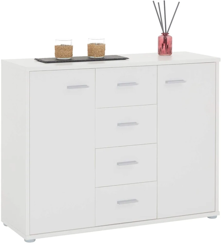 IDIMEX Buffet Elodie, Commode Meuble de Rangement avec 4 tiroirs et 2 Portes, en mélaminé Blanc Mat