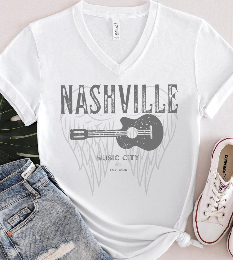 Nashville Music City T-shirt, Country Music shirt, Nashville Shirt, Guitar Shirt, Country Shirt, Western Tops Women, V-neck tshirt women