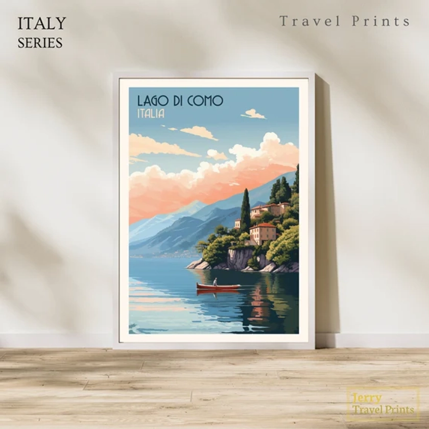 Impression de voyage Lago Di Como | Affiche du lac de Côme Italie | Art mural Italie vintage | Illustration du Bellagio | Cadeau de voyage en Italie