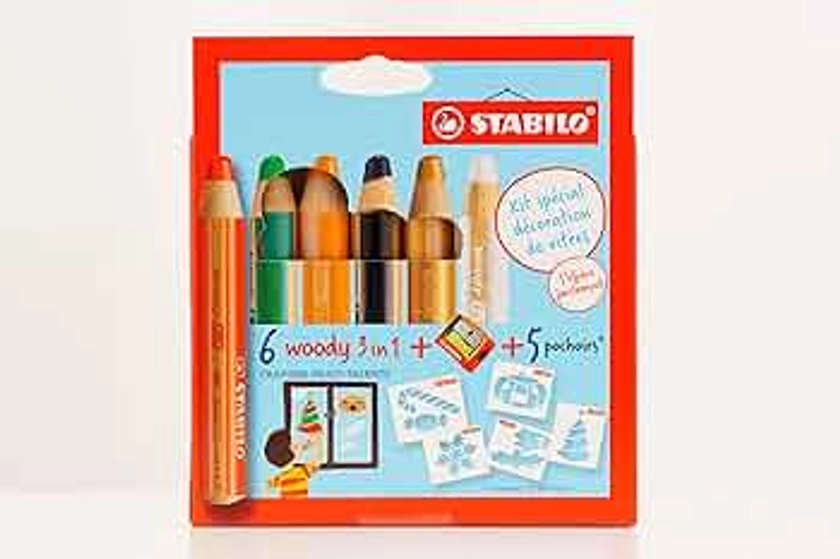 Etui carton x 6 woody 3in1 spécial décoration de vitres + 1 taille-crayon + 5 pochoirs