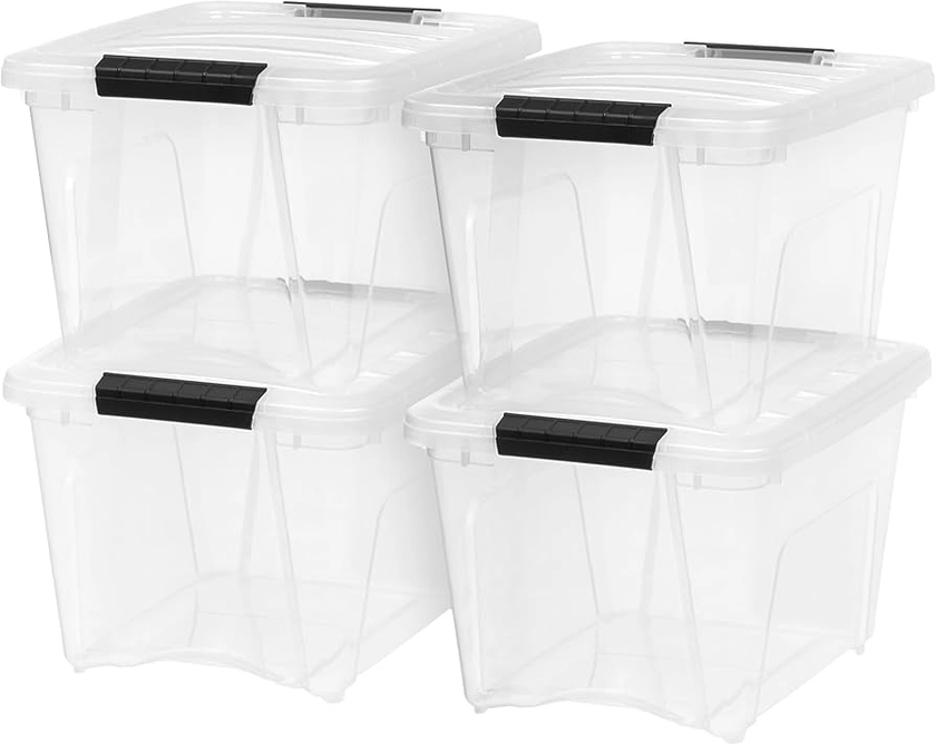 IRIS USA 19 Qt Stackable Plastic Storage Bins with Lids, 4 Pack - BPA-Free, Made in USA - See-Through Organizing Solution, Latches, Durable Nestable Containers, Secure Pull Handle - Clear