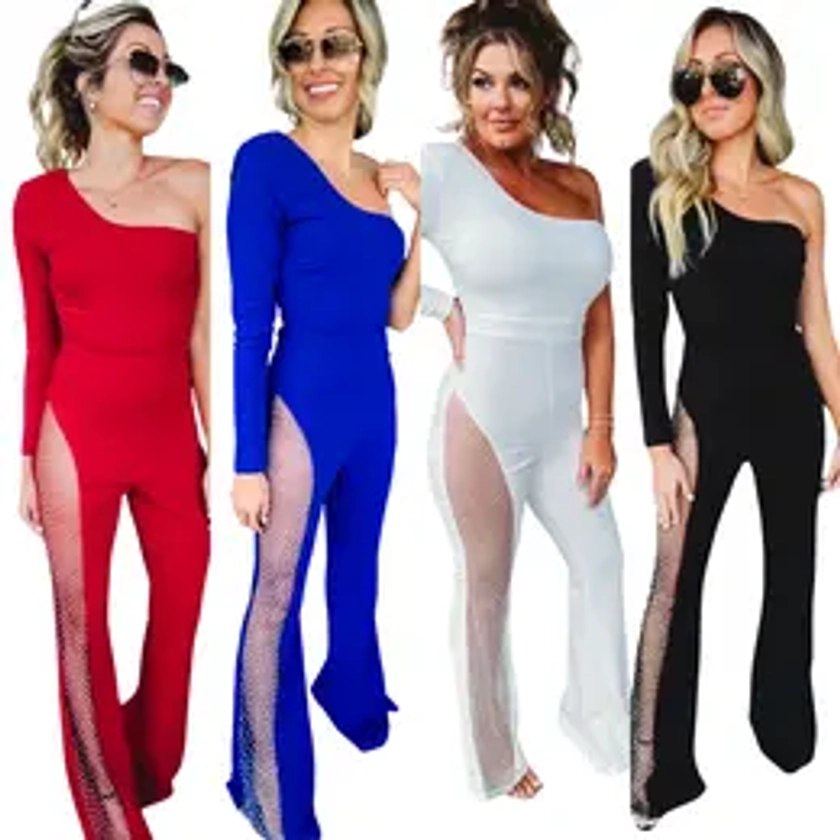 One Shoulder Mesh Rhinestone Long Sleeve Jumpsuit