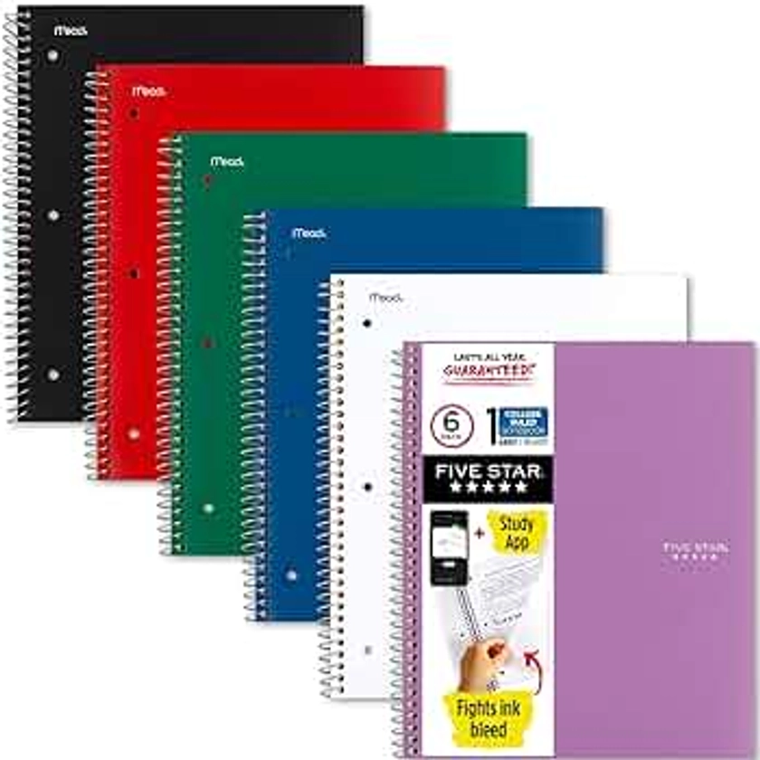 Five Star Spiral Notebook + Study App, 6 Pack, 1 Subject, College Ruled Paper, 8-1/2" x 11", 100 Sheets, Fights Ink Bleed, Water Resistant Cover, Black, Red, Blue, Green, White, Purple (38052)