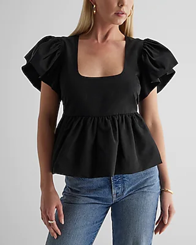 Square Neck Flutter Sleeve Peplum Babydoll Top