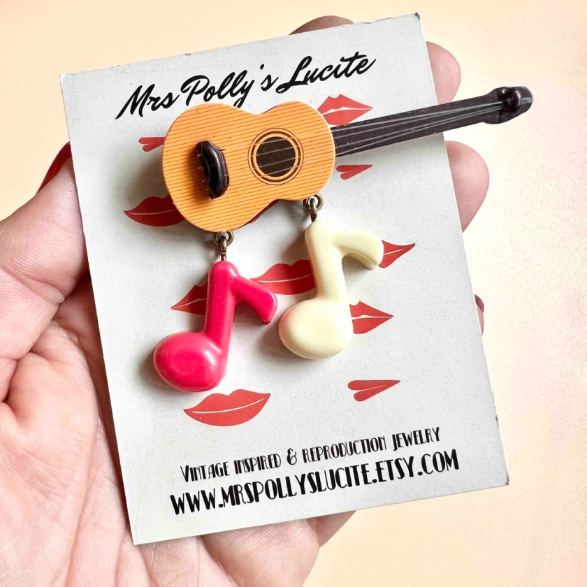 Love Music Guitar Brooch Vintage 1940s 1950s Inspired Bakelite Jewelry in Fakelite Retro Brooch Rockabilly by Mrs Polly' S Lucite - Etsy