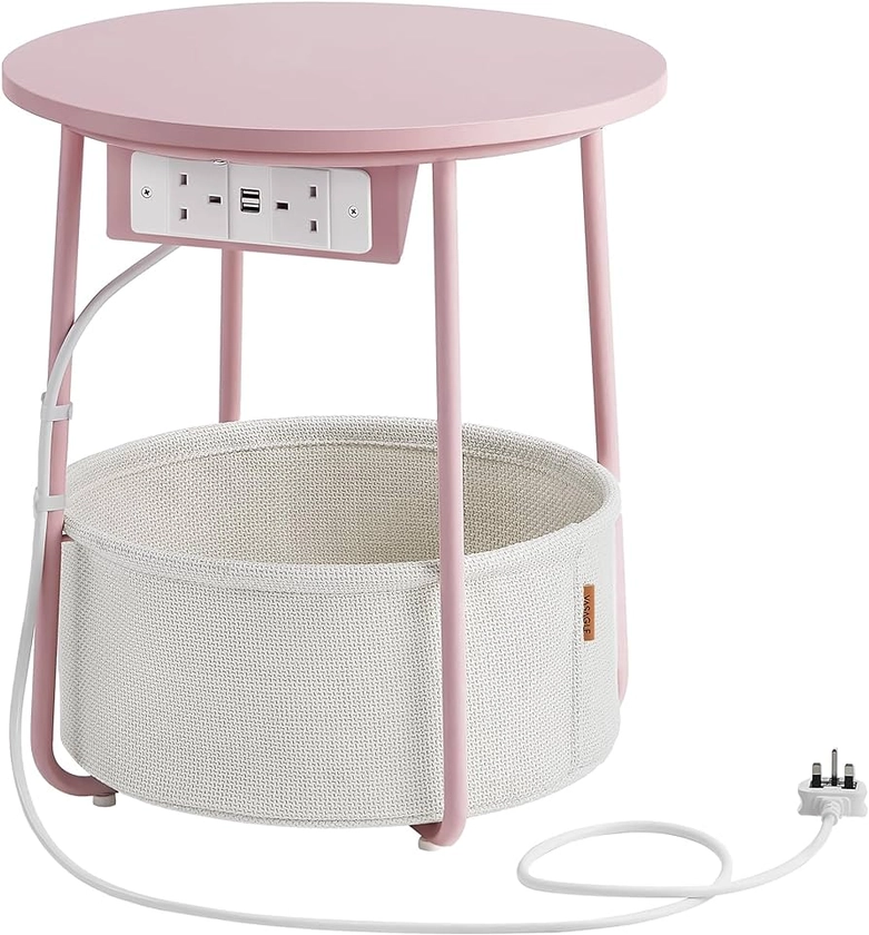 VASAGLE Side Table with Charging Station, Round End Table with Power Outlets, USB Ports, Fabric Basket, Living Room, Bedroom, Bedside Table, Modern, Jelly Pink and Cream White LET228R03