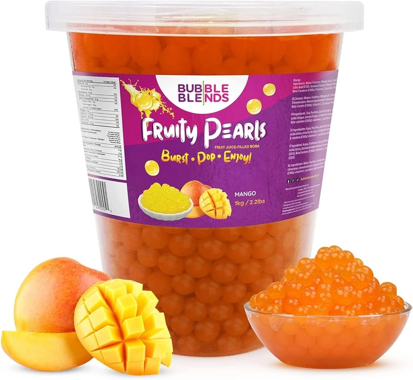 Bubble Blends Mango Popping Boba (1kg) - Boba Balls with Real Fruit Juice - 100% Fat-Free (Serves 10) - Boba Pearls for Bubble Tea, Drink Sinkers or Dessert Toppings