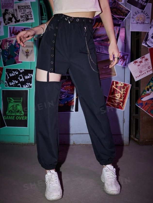 ROMWE Grunge Punk Pantalones unicolor con cinturón con cadena con abertura