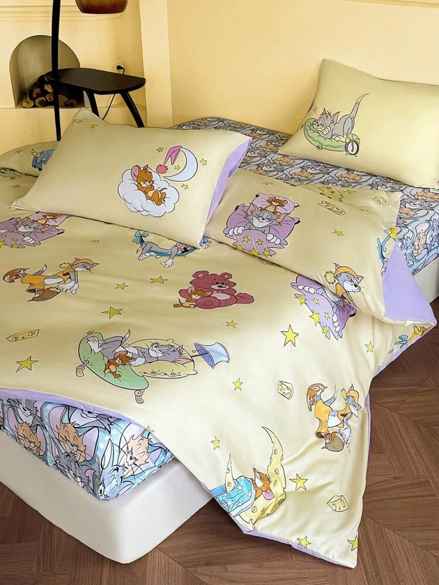 TOM & JERRY X SHEIN Funny Cartoon Pattern Light Yellow Duvet Cover Set | SHEIN UK