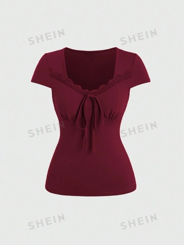 SHEIN EZwear Cherry Patterned Casual Fitted Short T-Shirt With Patched Sleeves, Contrast Colored Round Neckline, Suitable For Summer