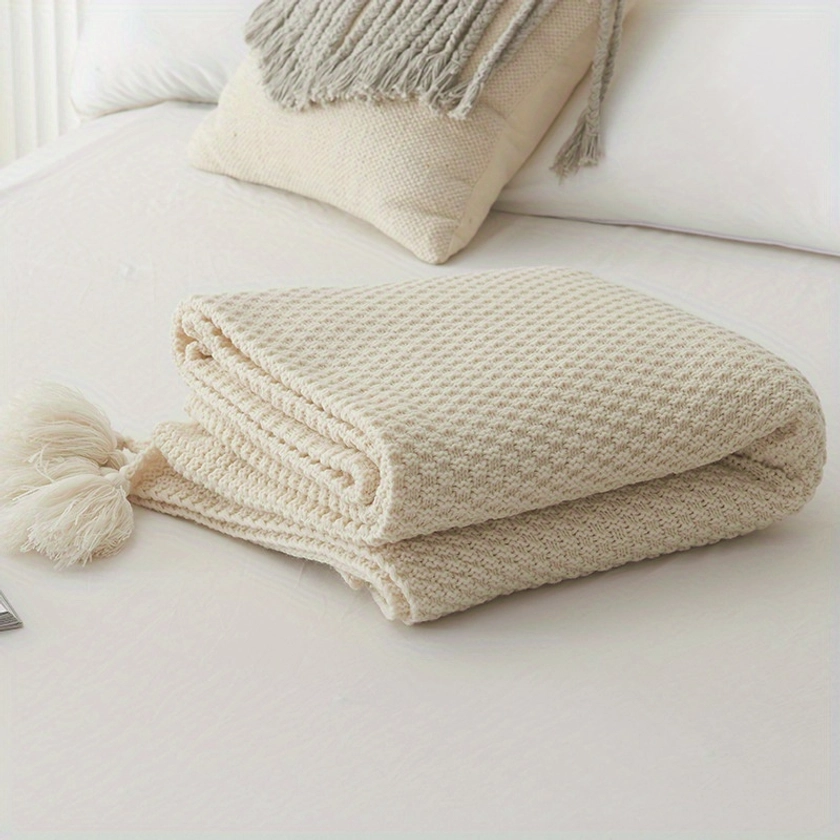 Couverture de lit en tricot style chic avec des pompons - Lavage à la main uniquement, toutes saisons, thème d'occasion, motif unique, pour une *